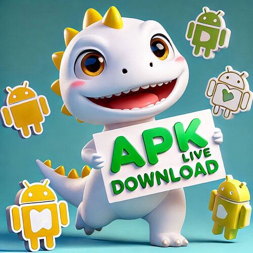 BIGO DINO, la mascotte di Bigo Live, che tiene un grande cartello con la scritta APK DOWNLOAD mentre sorride in modo amichevole. Intorno a lui ci sono delle icone di Android per enfatizzare che si tratta di un file